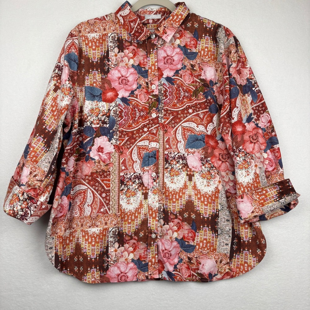 Chicos Shirt Womens Size 3 XL Floral Paisley No Iron Button Front